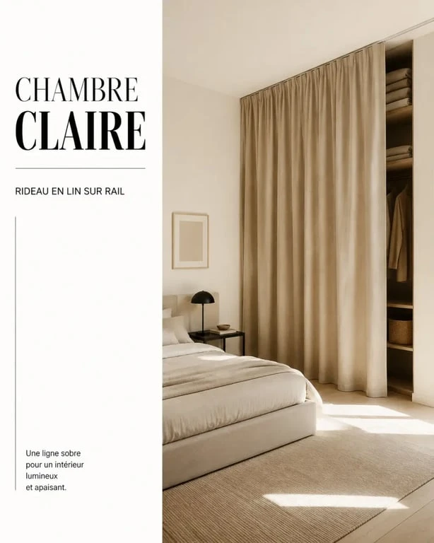 Idée pour fermer un placard sans porte avec rideau en lin dans une chambre lumineuse