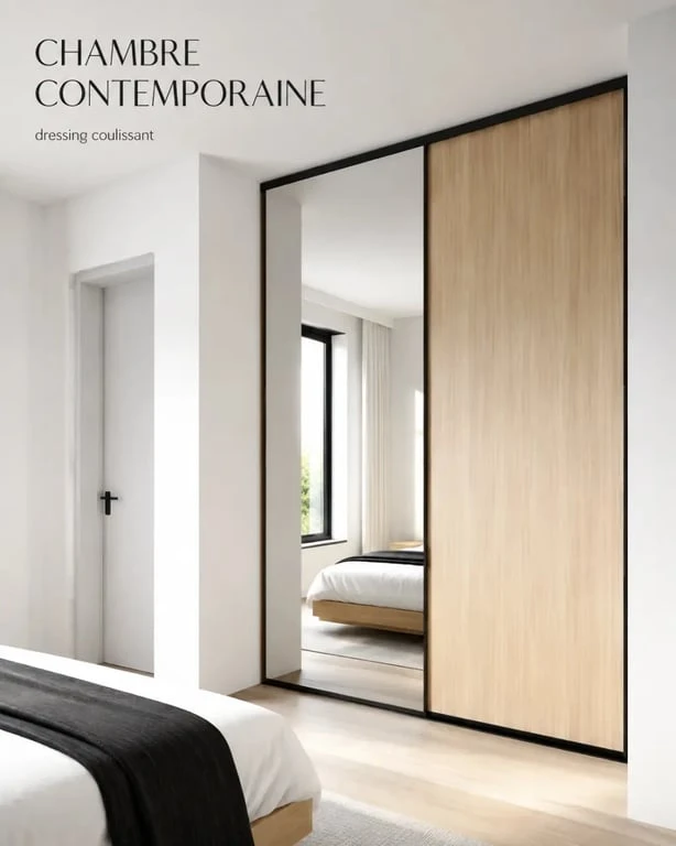Idée pour fermer un placard sans porte avec portes coulissantes miroir et bois