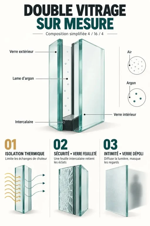 Infographie sur le vitrage double sur mesure avec composition 4/16/4, argon, sécurité et intimité