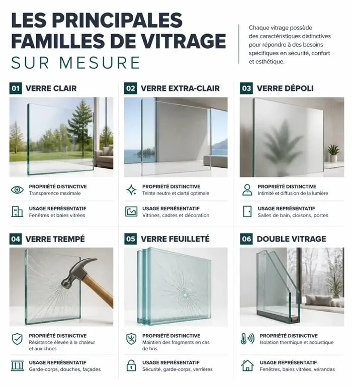 Infographie comparative des types de vitrage sur mesure et de leurs usages