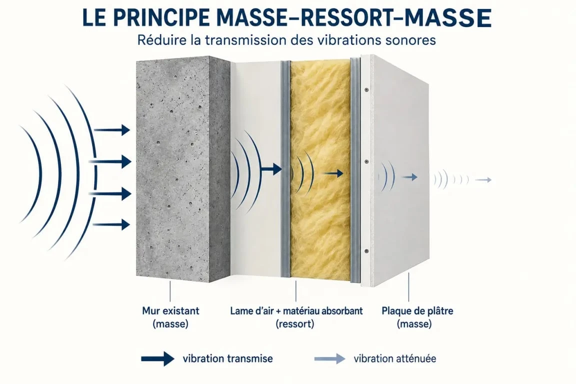 Schéma du principe masse-ressort-masse pour l'insonorisation d'un mur