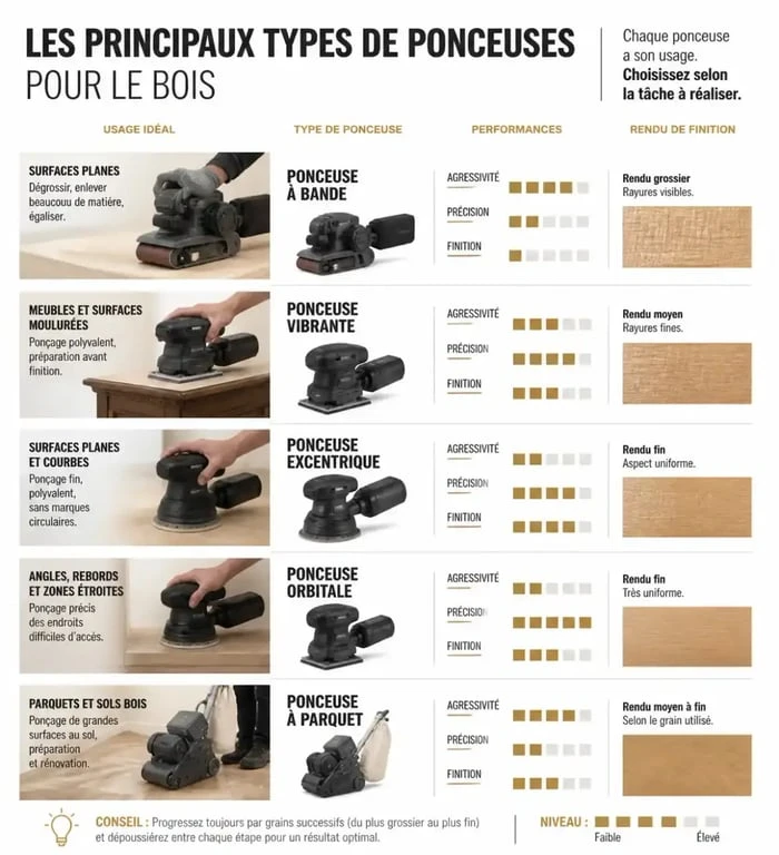 Comparatif visuel des types de ponceuse pour le bois selon la surface et le niveau de finition