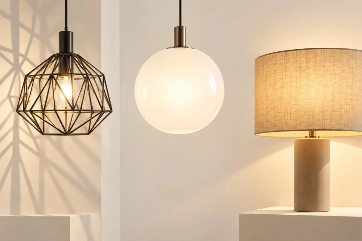 Luminaire design en métal, verre opalin et textile comparant différents effets de diffusion
