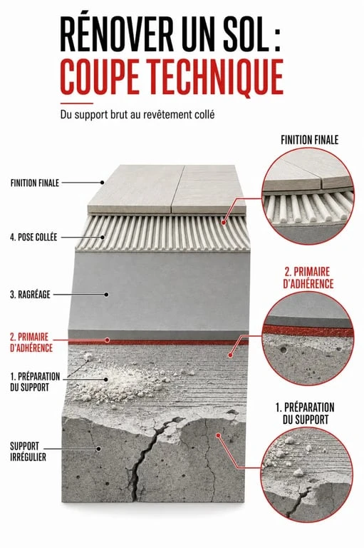 Travaux revêtement : préparation du support, ragréage et pose avant la finition