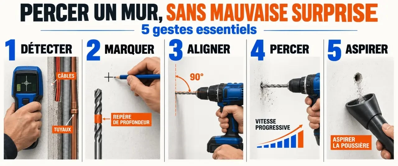 Étapes d'un percement de mur sécurisé avec détecteur et perceuse