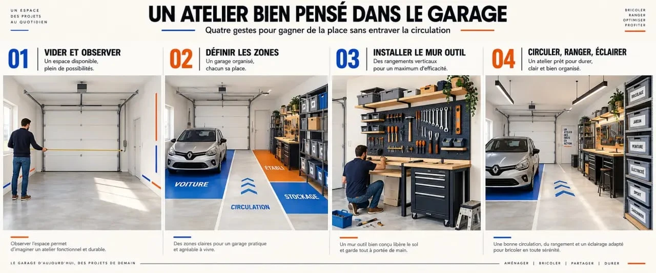 Illustration des étapes pour aménager un atelier dans son garage