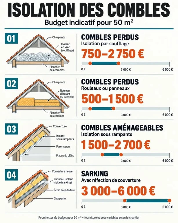 Infographie du prix isolation combles 50m2 selon la technique et la configuration