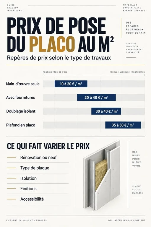 Infographie du prix de pose placo m2 selon le type de travaux et les fournitures