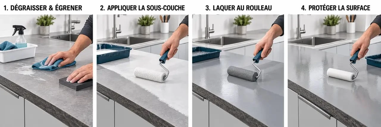 Étapes de rénovation d’un plan de travail peinture avec préparation, application et protection