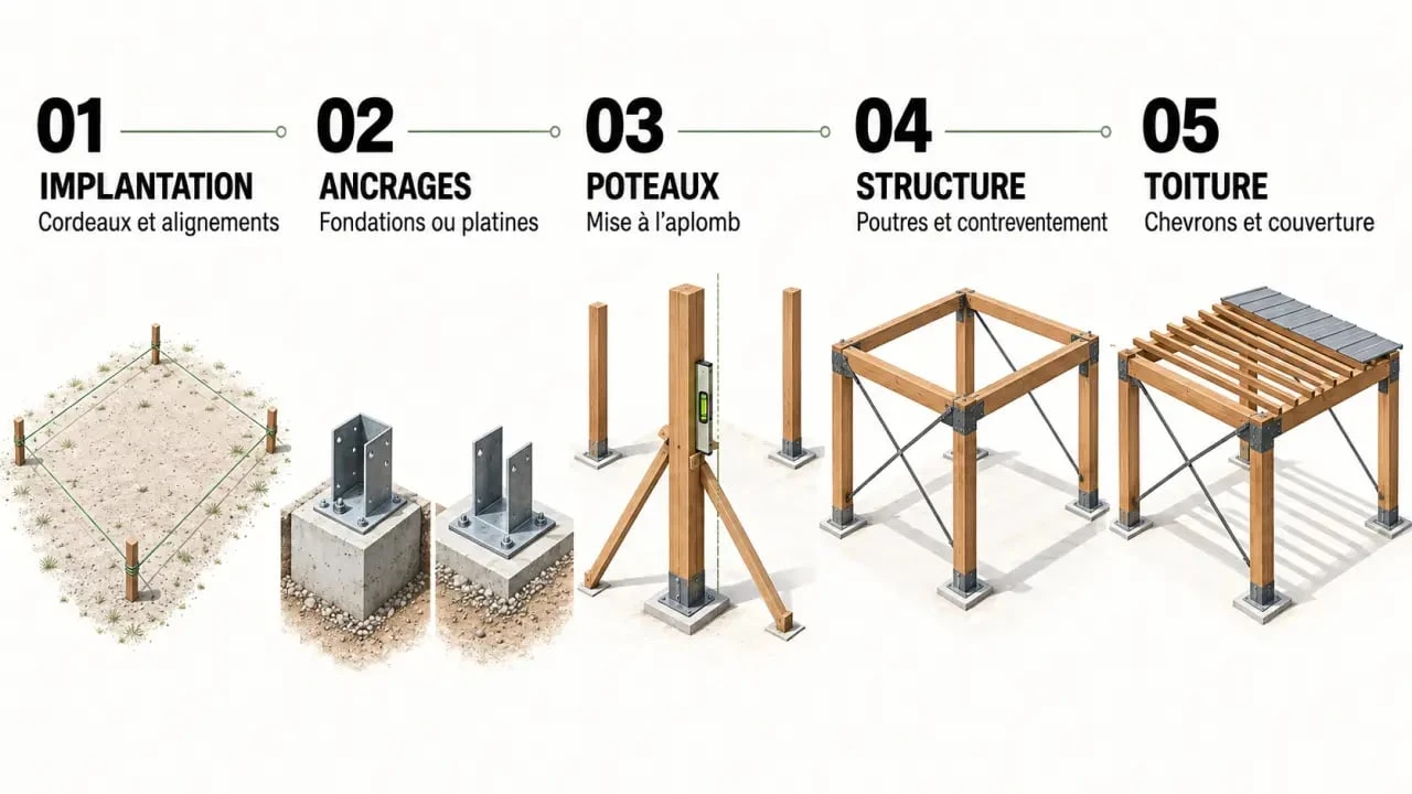 Étapes pour construire une pergola bois avec ancrage, poteaux, poutres et couverture