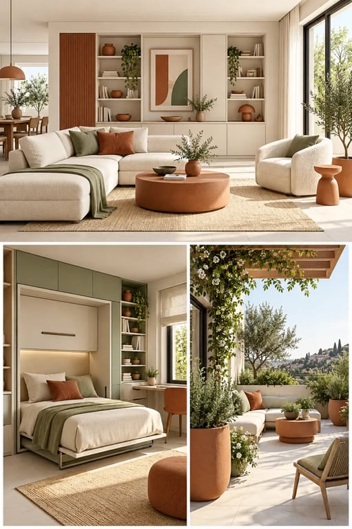 Idées déco et aménagement avec un salon lumineux, une petite chambre optimisée et une terrasse végétalisée