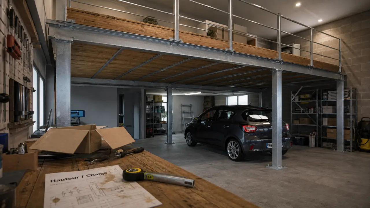 Mezzanine garage kit autoportée en acier, plancher bois et garde-corps