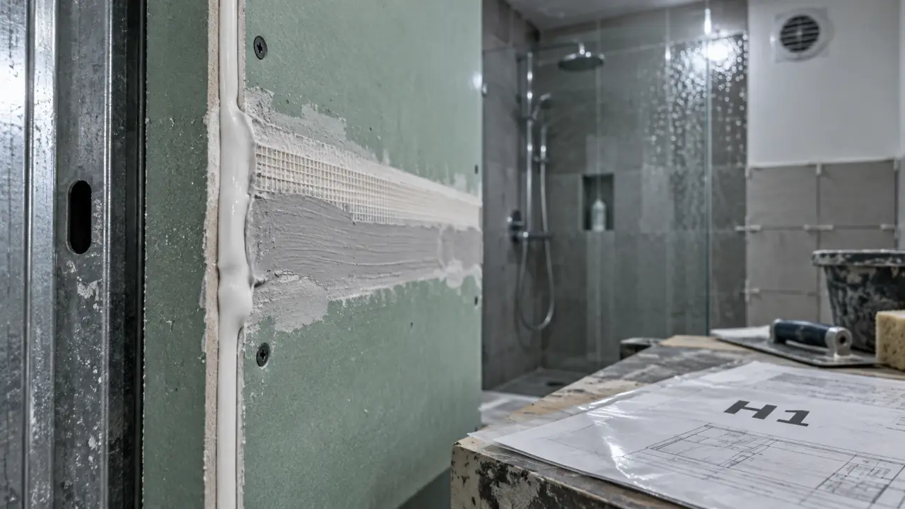 Plaque hydrofuge salle de bain sur ossature, jonction enduite hydrofuge