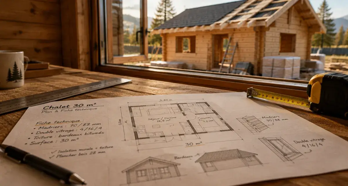 Chalet 30m2 : plan technique et isolation sur chantier
