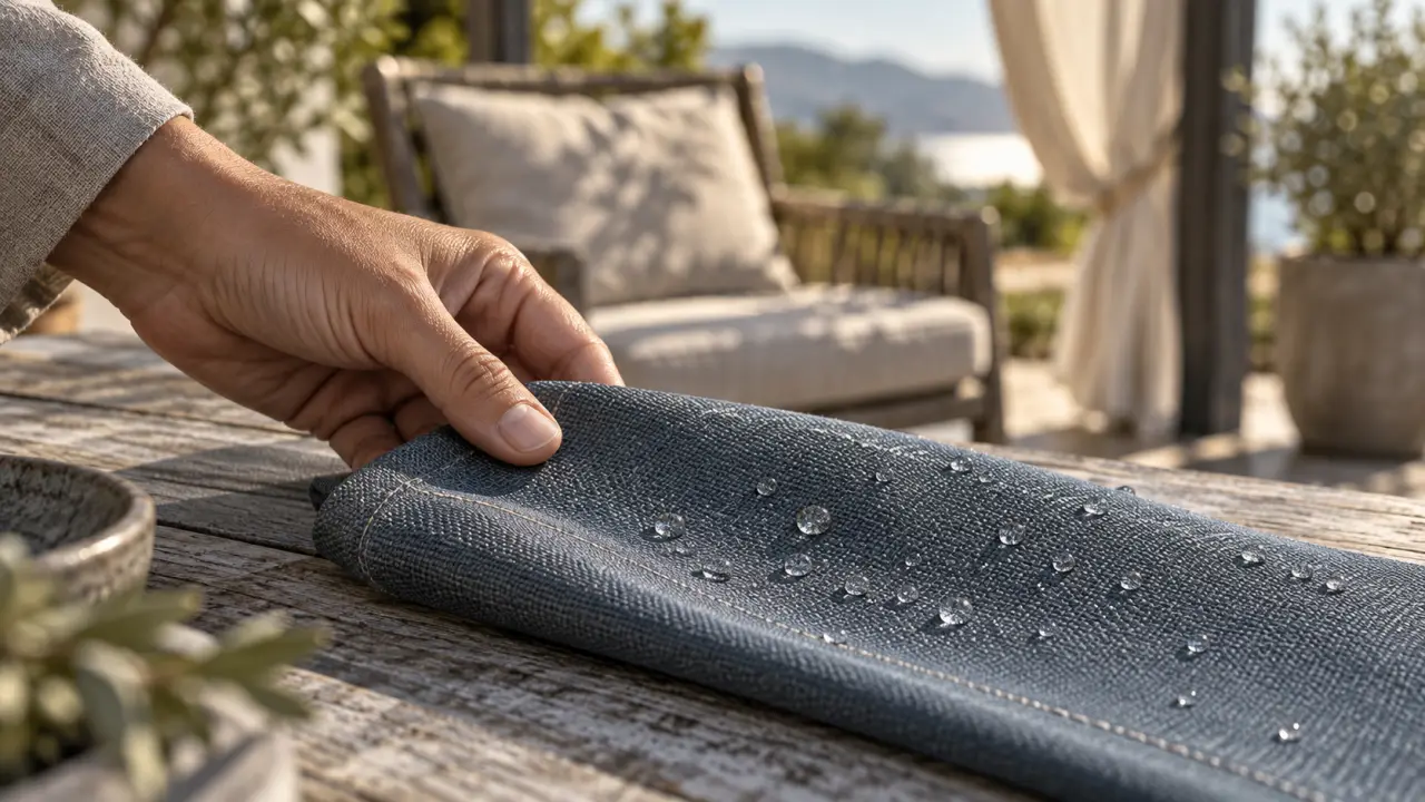 Tissu pour exterieur anti-UV déperlant : texture et gouttelettes sur table en bois