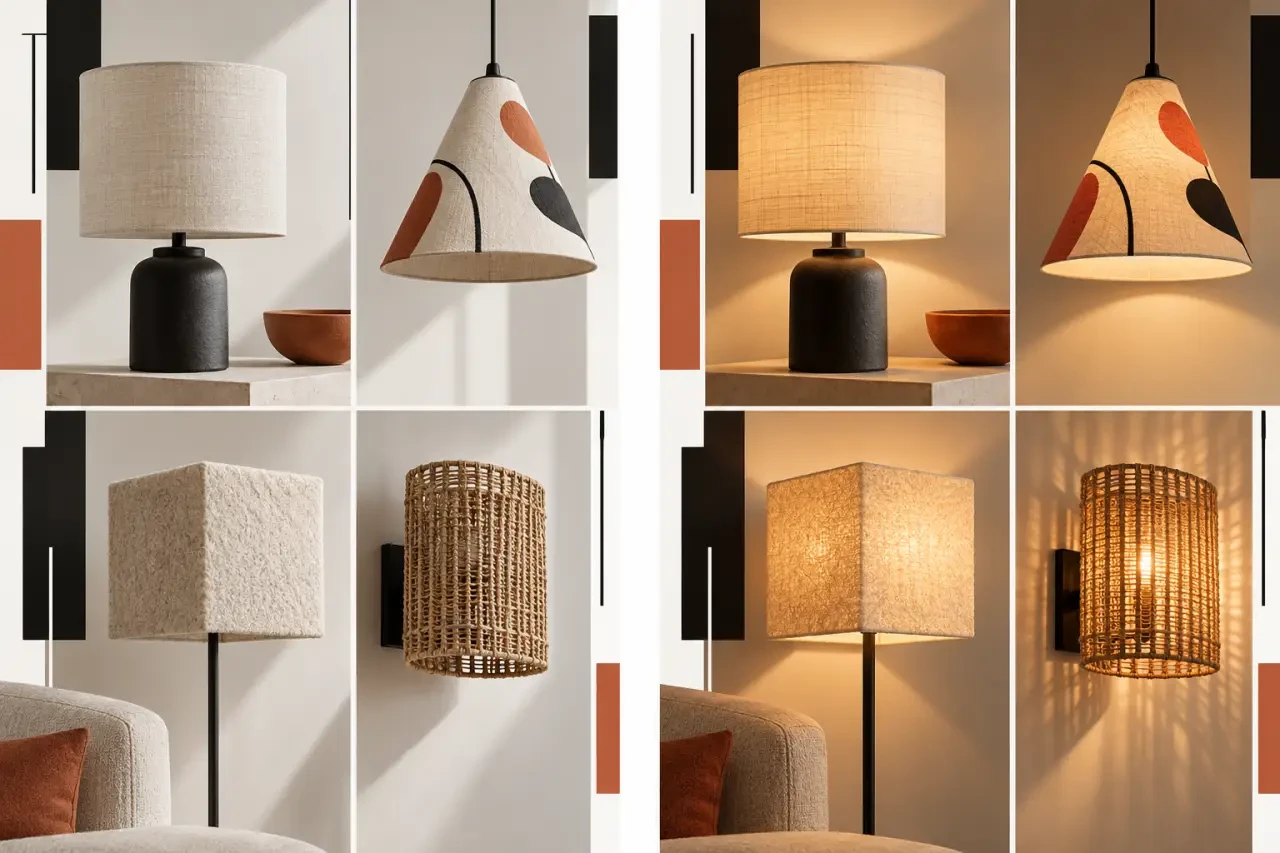 Abat jour tissu : comparaison visuelle des matières, formes et rendus lumineux dans un intérieur