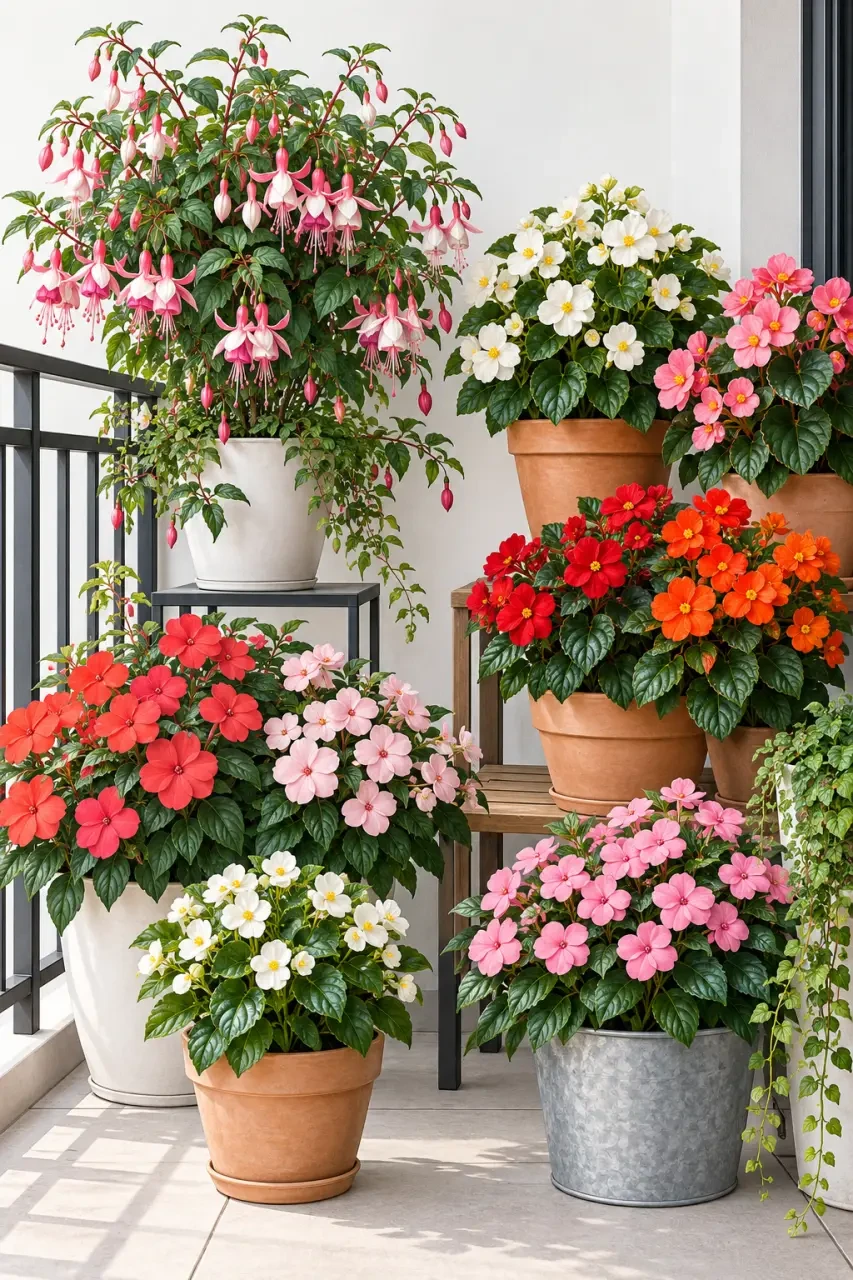 Plante fleurie extérieur à mi-ombre en pot avec bégonias, fuchsias et impatiens