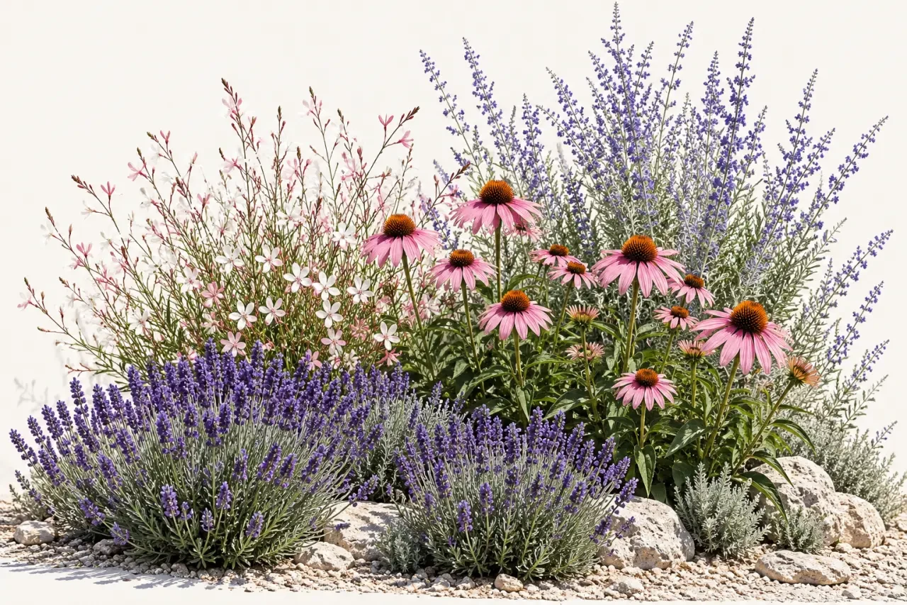 Plante fleurie extérieur au soleil avec lavande, gaura et échinacée dans un massif