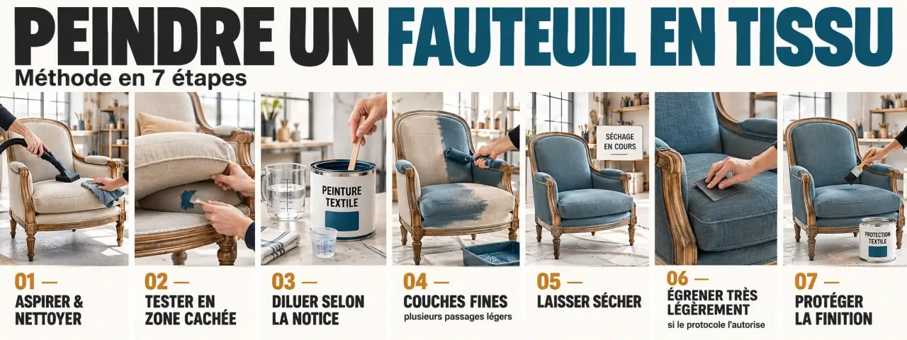 Étapes de peinture tissus fauteuil, de la préparation à la finition