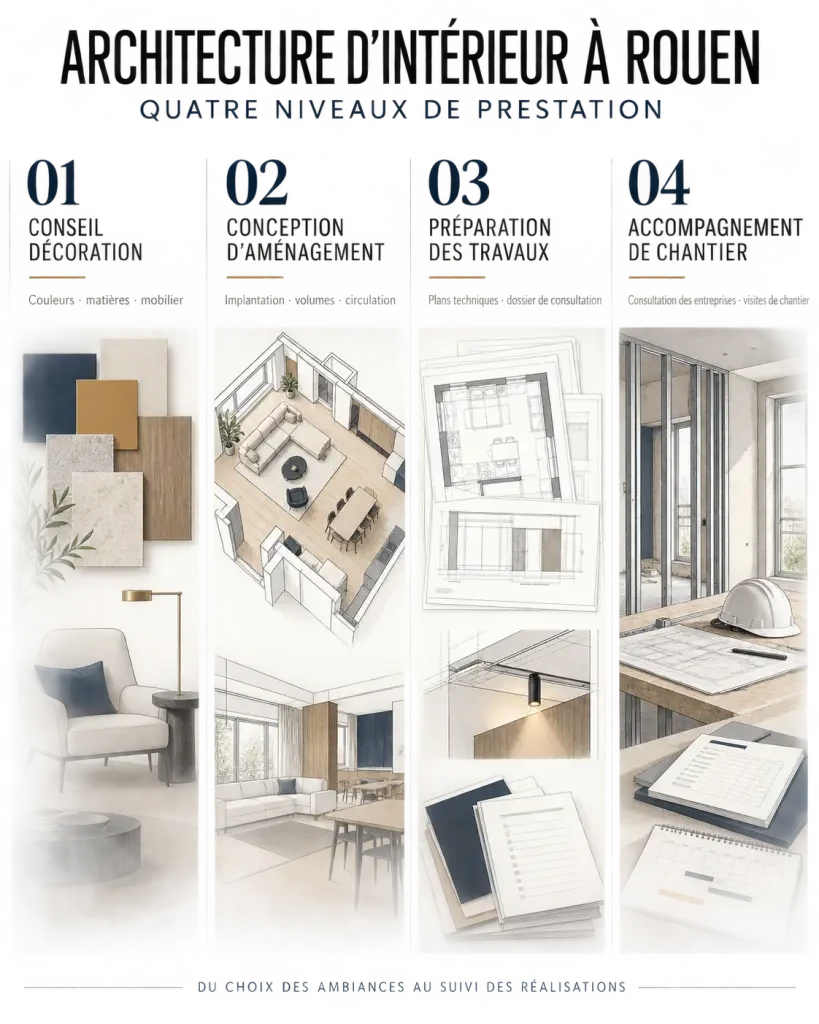 Architecture d’intérieur Rouen : comparaison des prestations et livrables selon le niveau d’accompagnement