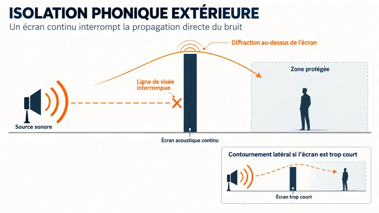 Schéma de la ligne de visée et de la diffraction en isolation phonique extérieure