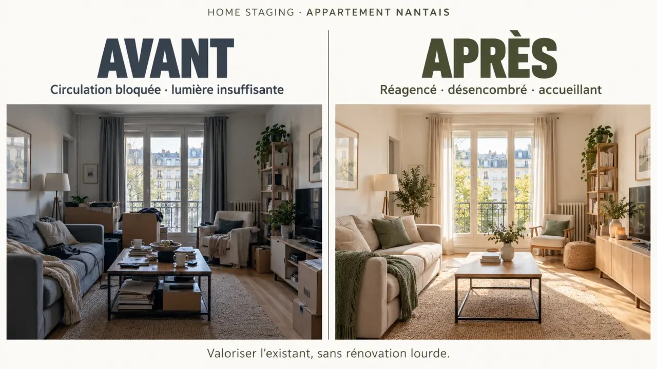 Exemple de home staging Nantes avant-après dans un appartement réagencé et éclairci
