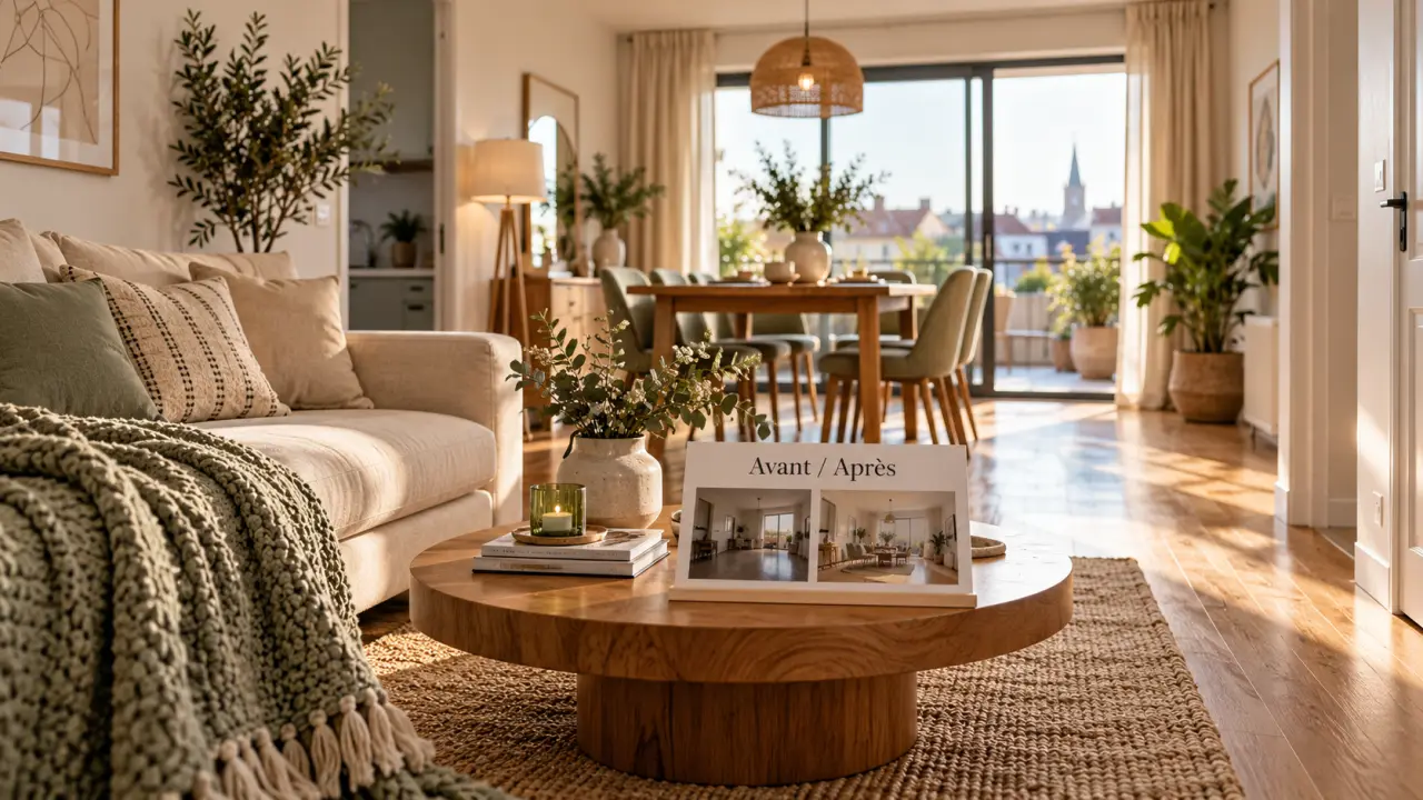 Home staging Nantes : salon réaménagé avant vente, circulation dégagée