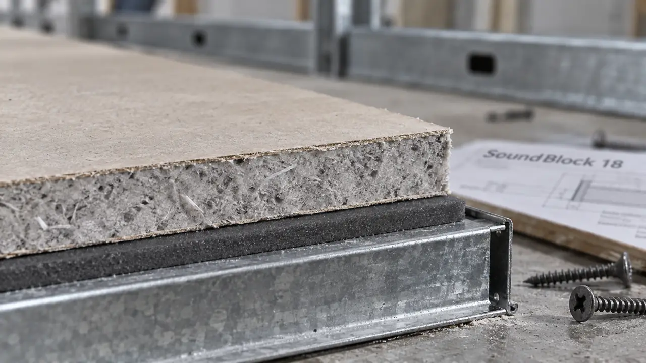Plaque isolant phonique soundblock evolution épaisseur SoundBlock 18 en chantier, closeup