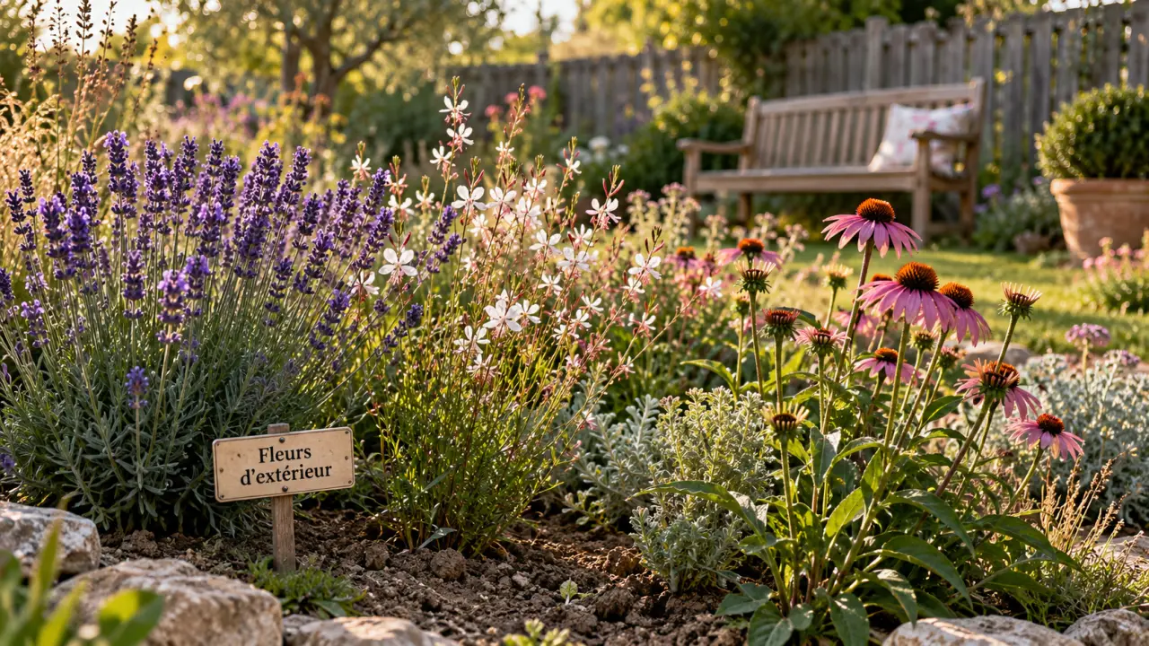Plante fleurie extérieur : lavande, gaura et échinacée au soleil