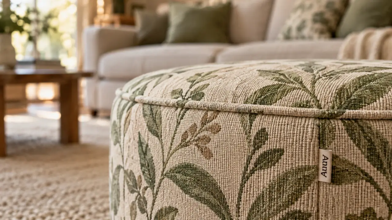pouf tapissier salon rond floral beige-vert, passepoil visible