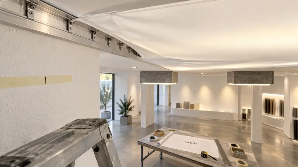 Le tissu pour plafond tendu combine grandes laizes, sur-mesure et pose à froid